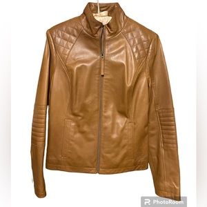 Antonio Melani Brown Leather Bomber Jacket Sz M as is ink stain on collar